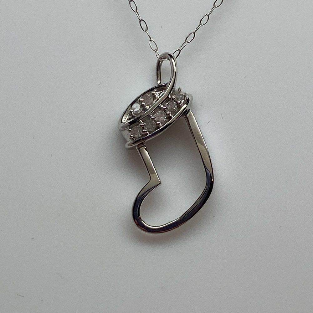 10K White Gold Natural Diamond Christmas Stocking Pendant with Chain New 0.10ct